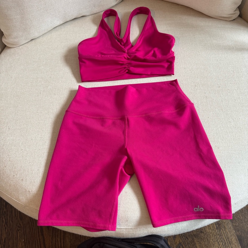 Alo 2 Piece Set - Hot Pink Sports Bra and Biker Shorts